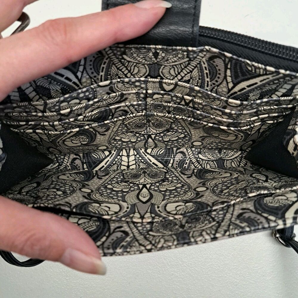 Sakroots Owl Printed Black/Ivory Adjustable Strap Crossbody Wallet/Purse - Picture 5 of 10